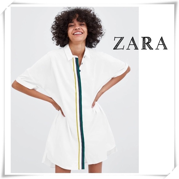 ZARA Trf Front Stripe Piping Tape Shirt-Dress in White - Picture 1 of 10